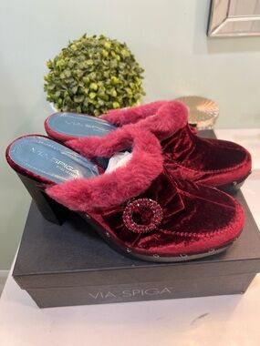 Via Spiga Burgundy Velvet Fur-Trim Clog Mules with Jeweled Buckle